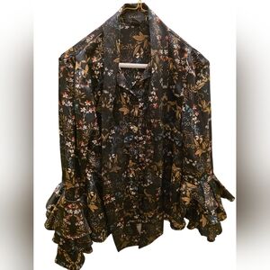 Gracia Navy Blue Print Floral Ruffle Blouse Medium